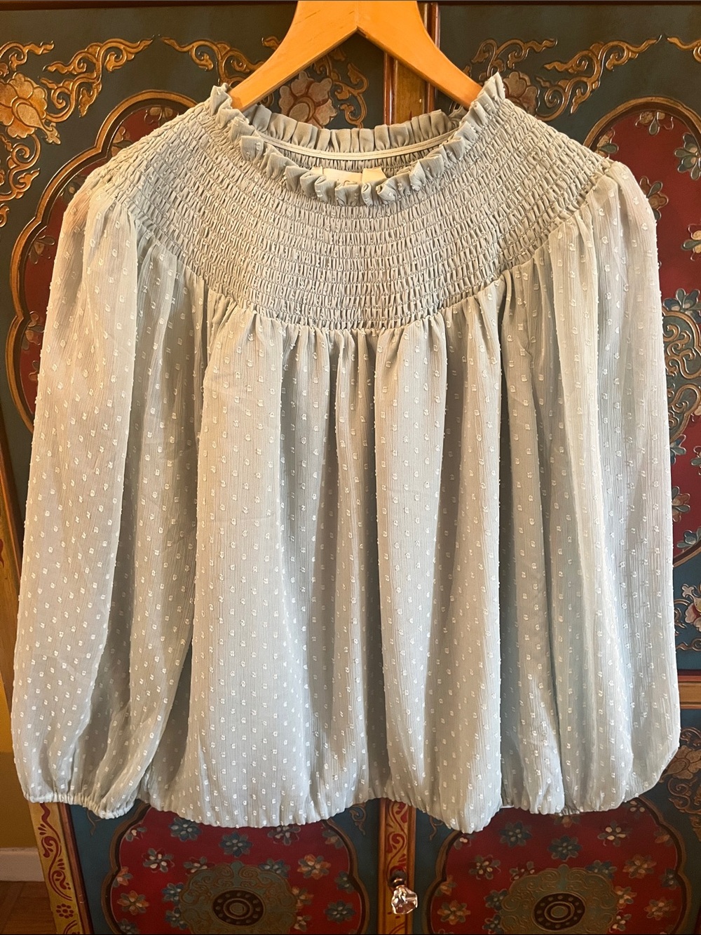 LOFT Light green Swiss Dot Smocked Yoke Blouse
